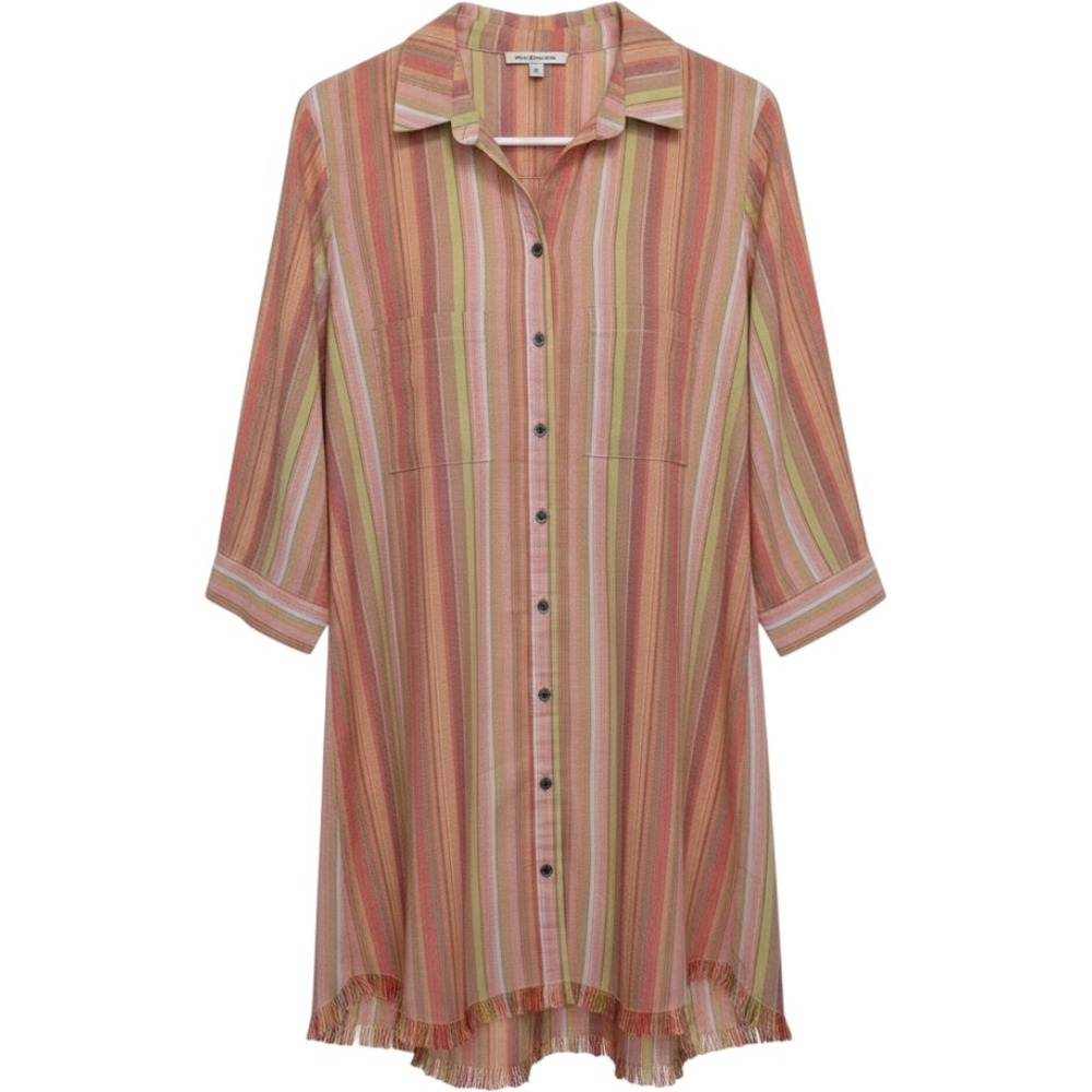 Seven Forty Two Womens Striped Button Down‎ Tunic Shirt Fringed Hem Pink Green M